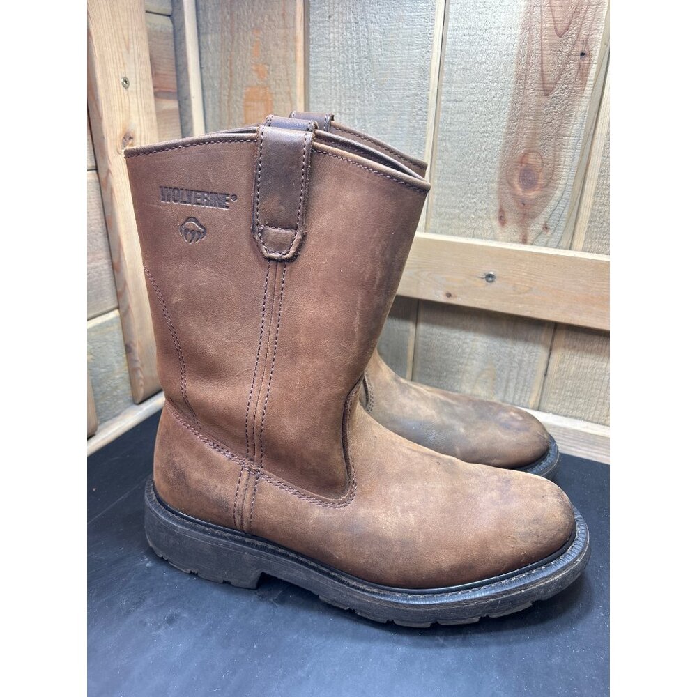 Wolverine Mens Leather Pull-On Work Boots Size 9 Brown Durable Slip-Resistant